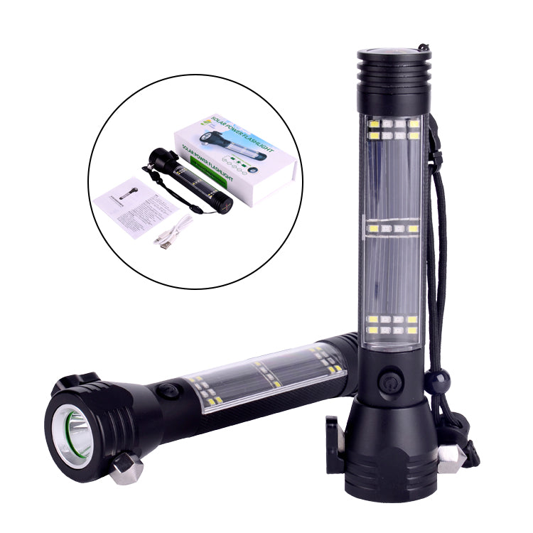 Multifunction Solar Power Flashlight Strong Light USB Rechargeable Flashlight With Emergency Safety Hammer Cutter, Compass